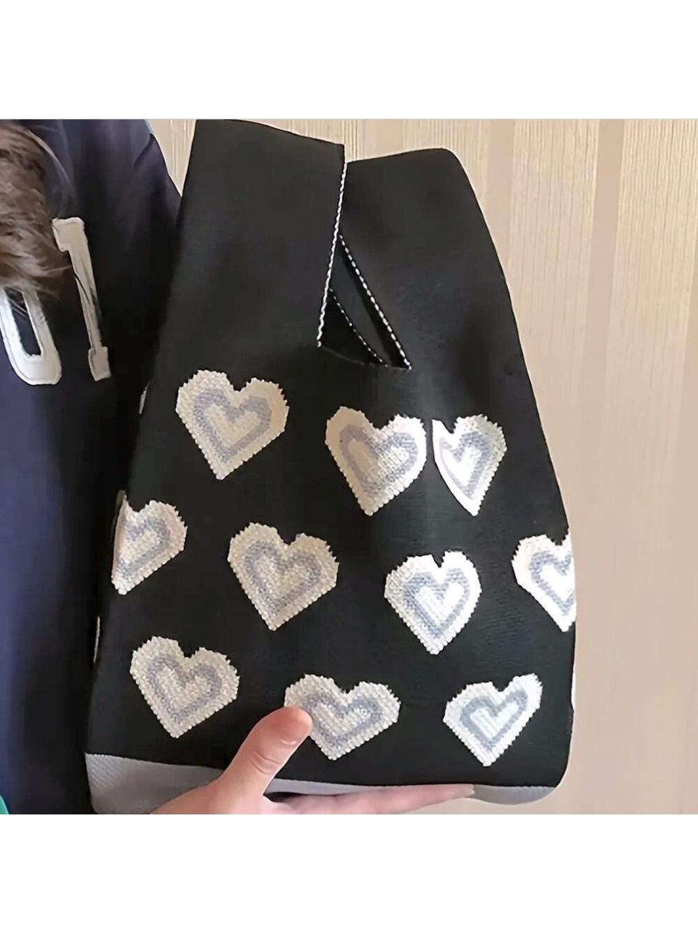 Heavy Woven Knit Heart Pattern Tote Purse Bag Japanese Knot  Closure Style